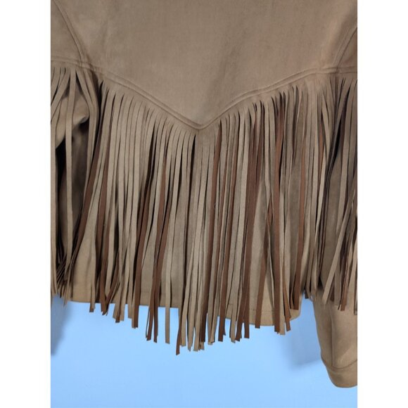 Nasty Gal Women's Camel Tan Fringe Faux Suede Jacket Western Cowgirl Size Small - Picture 13 of 16